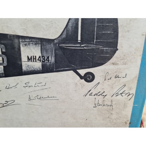 884 - Star Lot : An original print of a Spitfire aircraft, featuring multiple hand signed signatures of sp... 