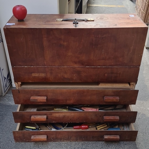 444 - Star lot : A fabulous Vcaprenters vintage wooden tool chest with drawers, containing antique hand to... 