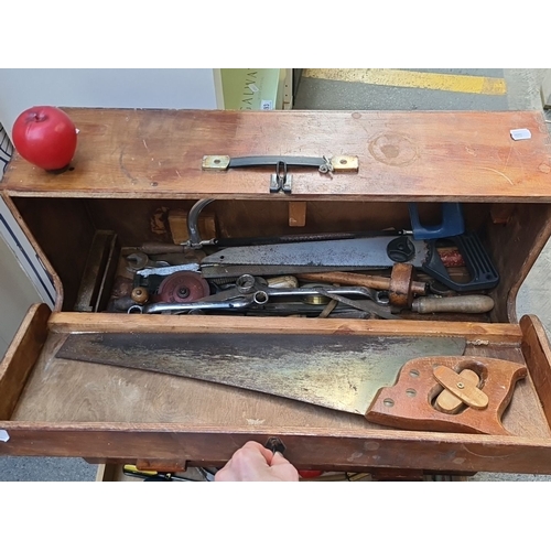 444 - Star lot : A fabulous Vcaprenters vintage wooden tool chest with drawers, containing antique hand to... 