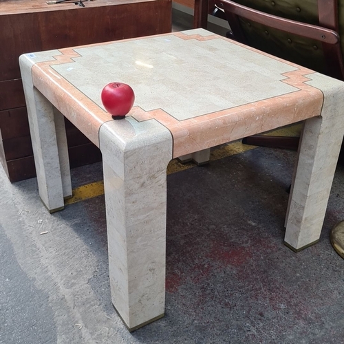 445 - Cream and peach marble coffee table with geometric detailing, Art Deco style. Marble cold to the tou... 