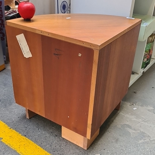 448 - A G Plan Mid-Century Modern corner cabinet in teak, featuring two curved wooden handles and spacious... 