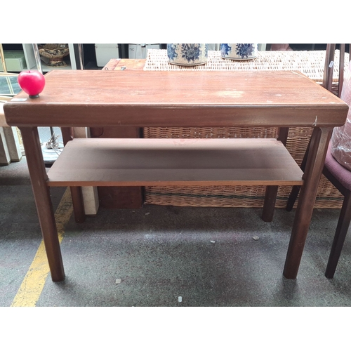 456 - A handsome mid century modern teak two tier consoles  table with shelf, clean lines. Will look great... 