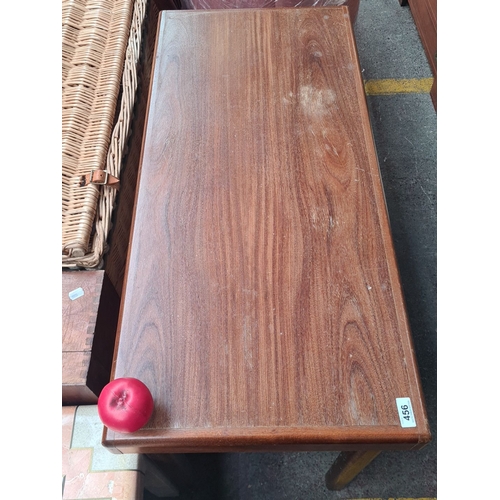 456 - A handsome mid century modern teak two tier consoles  table with shelf, clean lines. Will look great... 