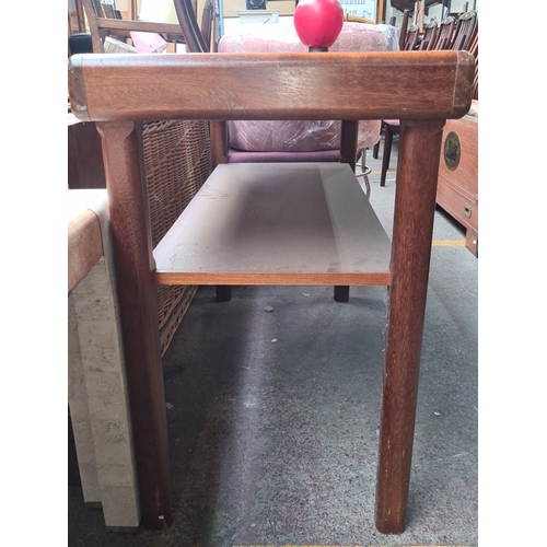 456 - A handsome mid century modern teak two tier consoles  table with shelf, clean lines. Will look great... 