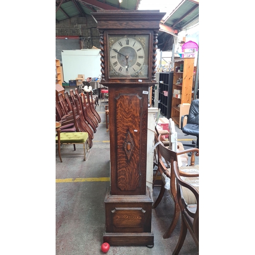 466 - Star Lot : An antique oak 8 day longcase clock, featuring Star Lot intricately carved twisted column... 