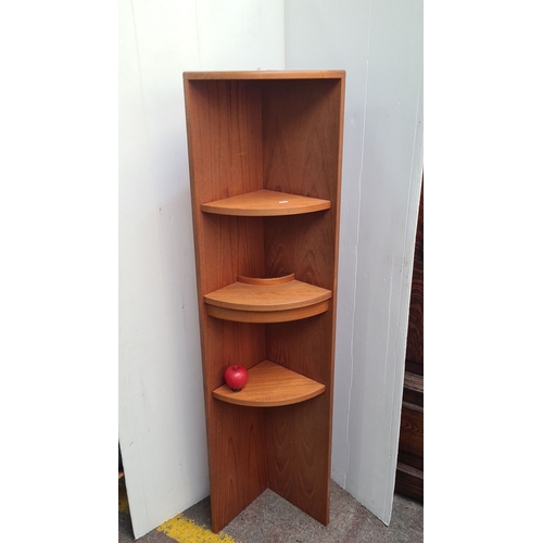 467 - Star Lot : G Plan teak corner shelf unit, showcasing three tiered shelves. Mid-Century Modern design... 