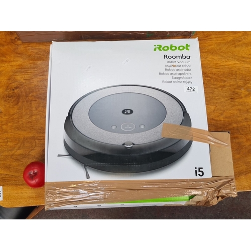 472 - iRobot Roomba i5 robotic vacuum, boxed. Features advanced cleaning system and intelligent navigation... 