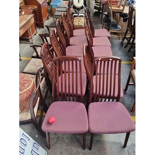 475 - Star Lot : Set of ten mid-century Rosewood Danish dining chairs with curved slat backs and upholster... 