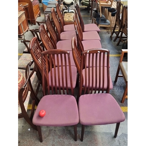 475 - Star Lot : Set of ten mid-century Rosewood Danish dining chairs with curved slat backs and upholster... 