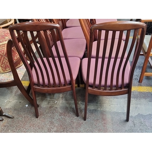 475 - Star Lot : Set of ten mid-century Rosewood Danish dining chairs with curved slat backs and upholster... 