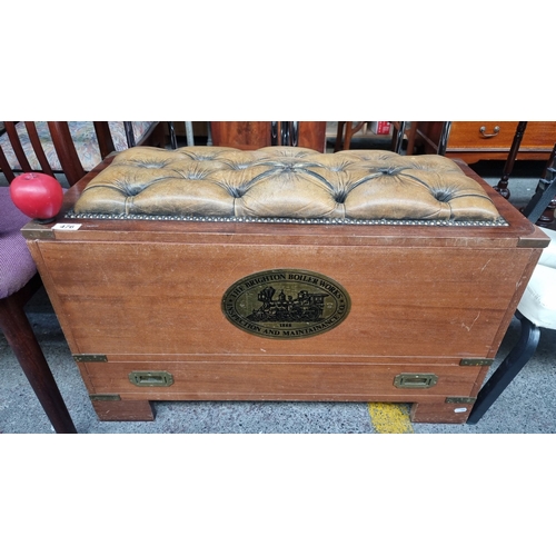 476 - Star Lot : A brilliant bench seat , storage chest with tufted leather cushion, marked 