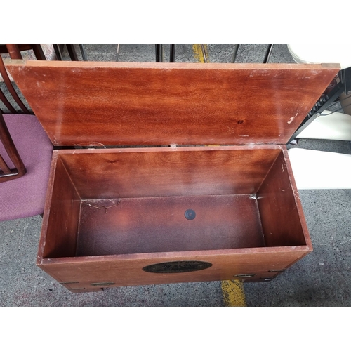 476 - Star Lot : A brilliant bench seat , storage chest with tufted leather cushion, marked 