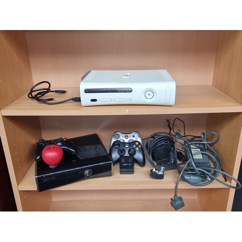 480 - Microsoft Xbox 360 console lot with power supply, cables, and controllers. Includes original and sli... 