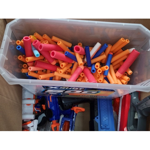 481 - Three large boxes of assorted Nerf toy blasters and darts, including Nerf and X-Shot brands. Fabulou... 