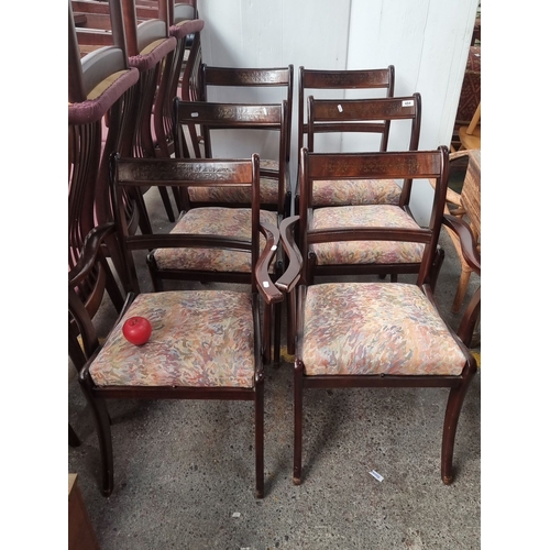 484 - Set of four Edwardian wooden dining chairs with patterned upholstery, inlay, featuring a curved back... 