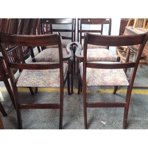 484 - Set of four Edwardian wooden dining chairs with patterned upholstery, inlay, featuring a curved back... 