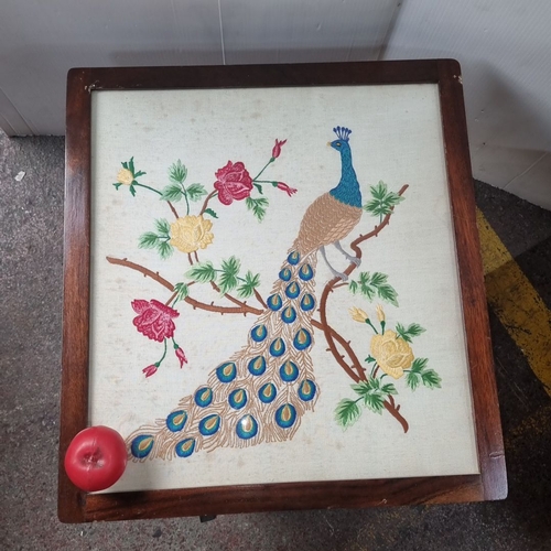 485 - Mahogany fire screen with pop up table with embroidered peacock and floral design on top.