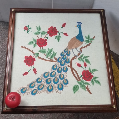 486 - A vintage fire screen with wooden pop up table features a framed embroidered peacock and floral desi... 