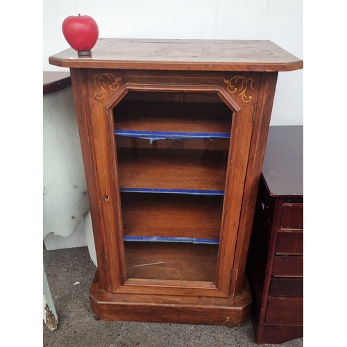 490 - Star Lot : Victorian mahogany display cabinet features a glass front and intricate inlaid decoration... 