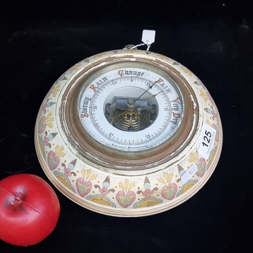 125 - A very unusual  Victorian wall mounting aneroid barometer with a hand painted ceramic frame surround... 