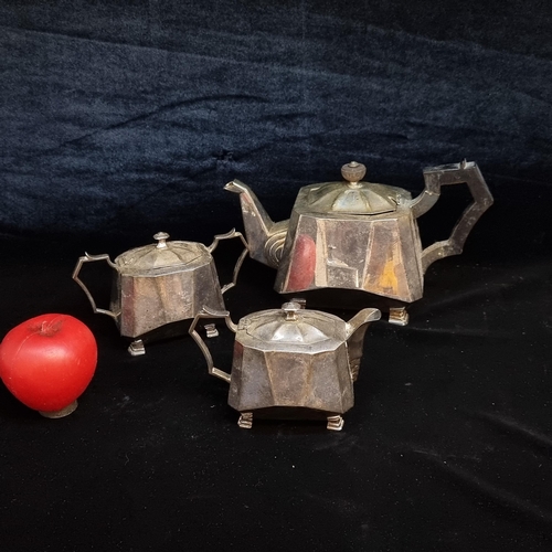 171 - Three Art Deco EPNS tableware items including a large teapot, sugar and milk jug. Lovely shape.