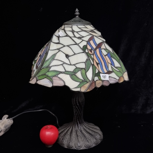 187 - A gorgeous large Tiffany style table lamp, with a lovely large colourful shade with tropical fish .