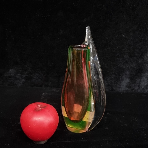 196 - A beautiful heavy Murano style glass bud vase. With white, green and Amethyst.