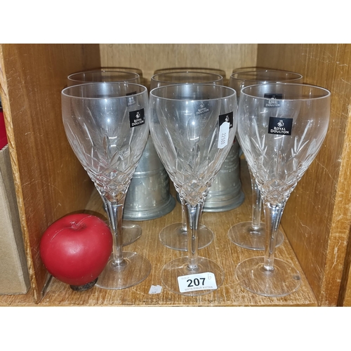 207 - Six large Royal Doulton cut crystal wine glasses. All in good condition with stickers and acid marks... 