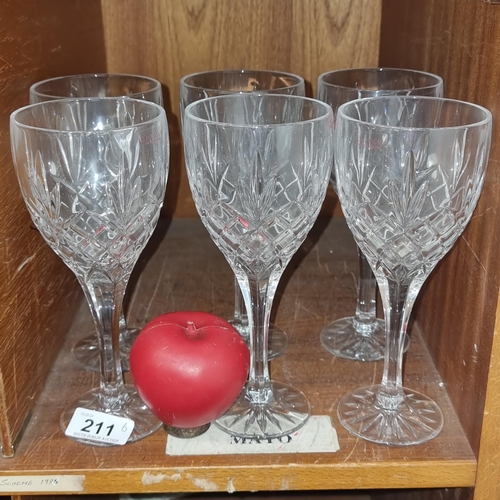 211 - A lovely set of six large Galway Crystal wine glasses. All in good condition.