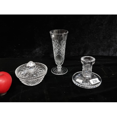 229 - Three wonderful 'Waterford' Crystal items. Includes a Sugar bowl with Lid, a Candlestick and a 'Ashb... 