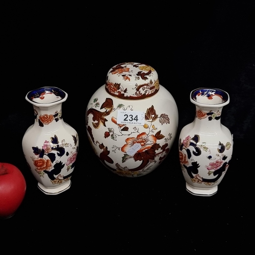 234 - Three items including a pair of 'Mason's Ironstone Mandalay, Made in England' Vases. Along with a 'M... 