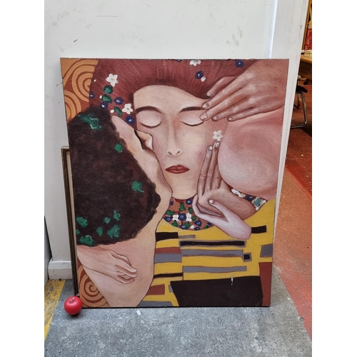 255 - A large original oil on canvas painting. Features 'The Kiss' after Gustav Klimt (1862-1918). Rendere... 