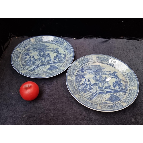 258 - Two large Chinese Iron stone blue and white chargers with an attractive sage over glaze.