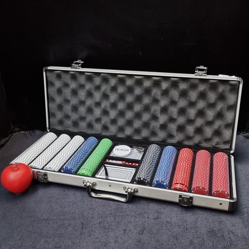 270 - A poker player chip set with cards, dealer button  and dice. In original carry case with key all in ... 