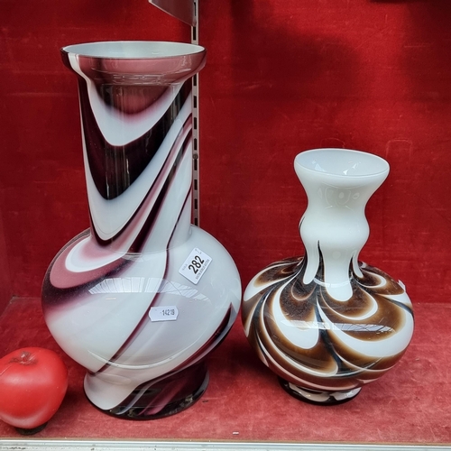 282 - Two hand blown studio art glass vases with 1960's design.