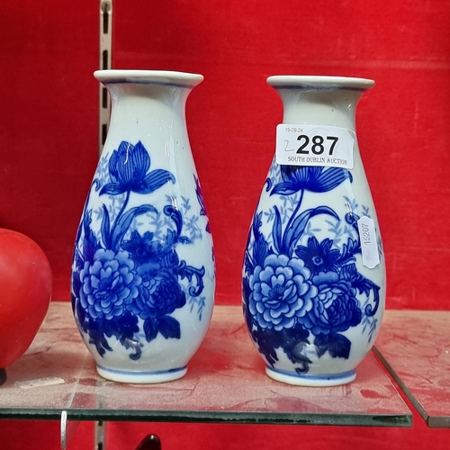 287 - A pair of blue and white Chinese bud vases with Chrysanthemum design.