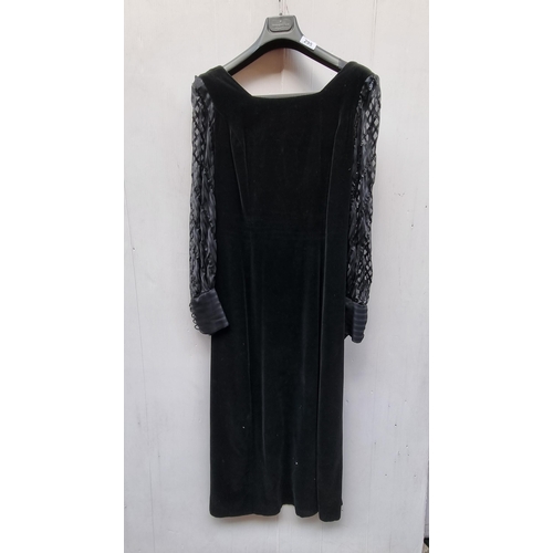 295 - A 1980's Wada for Leshgold designer dress in luxurious black velvet with embellished striped sleeves... 