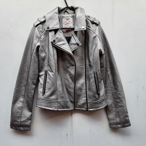 297 - A silver metallic Lee Cooper jeans biker jacket. Size 8 small.