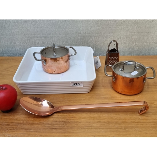 315 - Five kitchenware items including a square ceramic roasting dish and miniature stainless steel and co... 