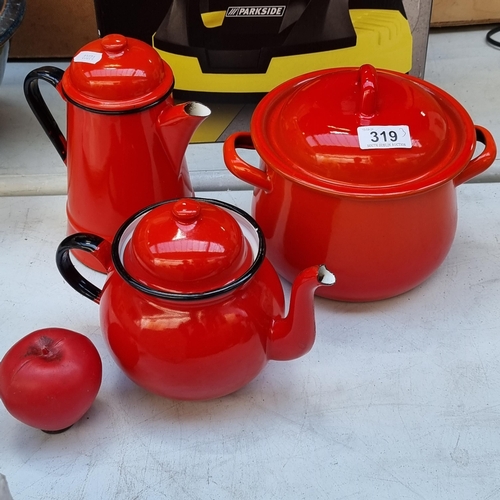 319 - Three pieces of Polish enamelware including Teapot, coffee pot and lidded 16cm cooking pot. All in b... 