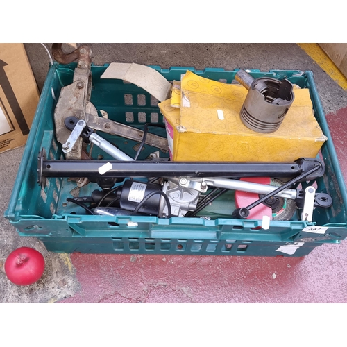 347 - A garage lot including a box of 6 Mercedes pep pistons, an angle grinder and others. Aeriels a winch... 