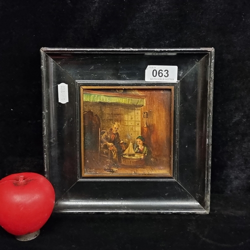 63 - A wonderful 19th century antique miniature oil on board painting, Dutch school. Features an interior... 