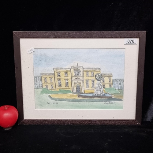 70 - An original watercolour on paper painting titled 'St Helen's'. Features the titular building and gar... 