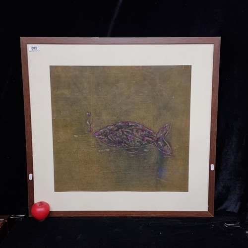 82 - A large original batik on cotton painting. Features a fish in a watery landscape. Signed 'S. Bracken... 