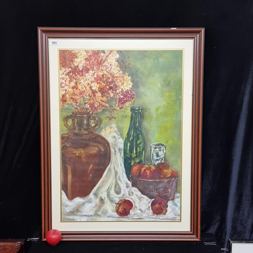 84 - A super large original acrylic on paper painting featuring a still life of fruits, flowers and vases... 