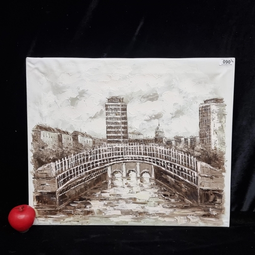 90 - An original oil on canvas painting. Features the 'Ha'penny bridge'. Rendered in monochromatic colour... 