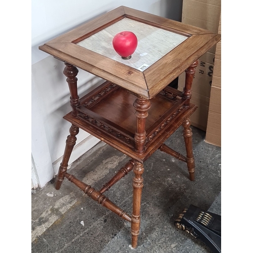 876 - Star Lot : Victorian mahogany two-tier side table with marble top, turned legs and ball gallery, fea... 