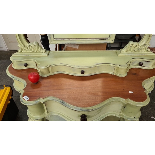 881 - Super Star lot : Vintage vanity table with mirror, featuring intricate carved detailing and painted ... 