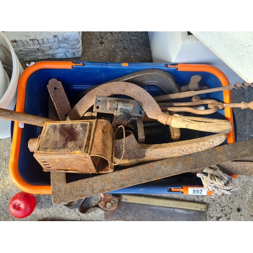 892 - Mixed lot of vintage hand tools, including three saws with wooden handles and various metal tools wi... 