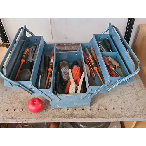 896 - Vintage blue metal toolbox with contents. Includes assorted hand tools such as screwdrivers, pliers,... 